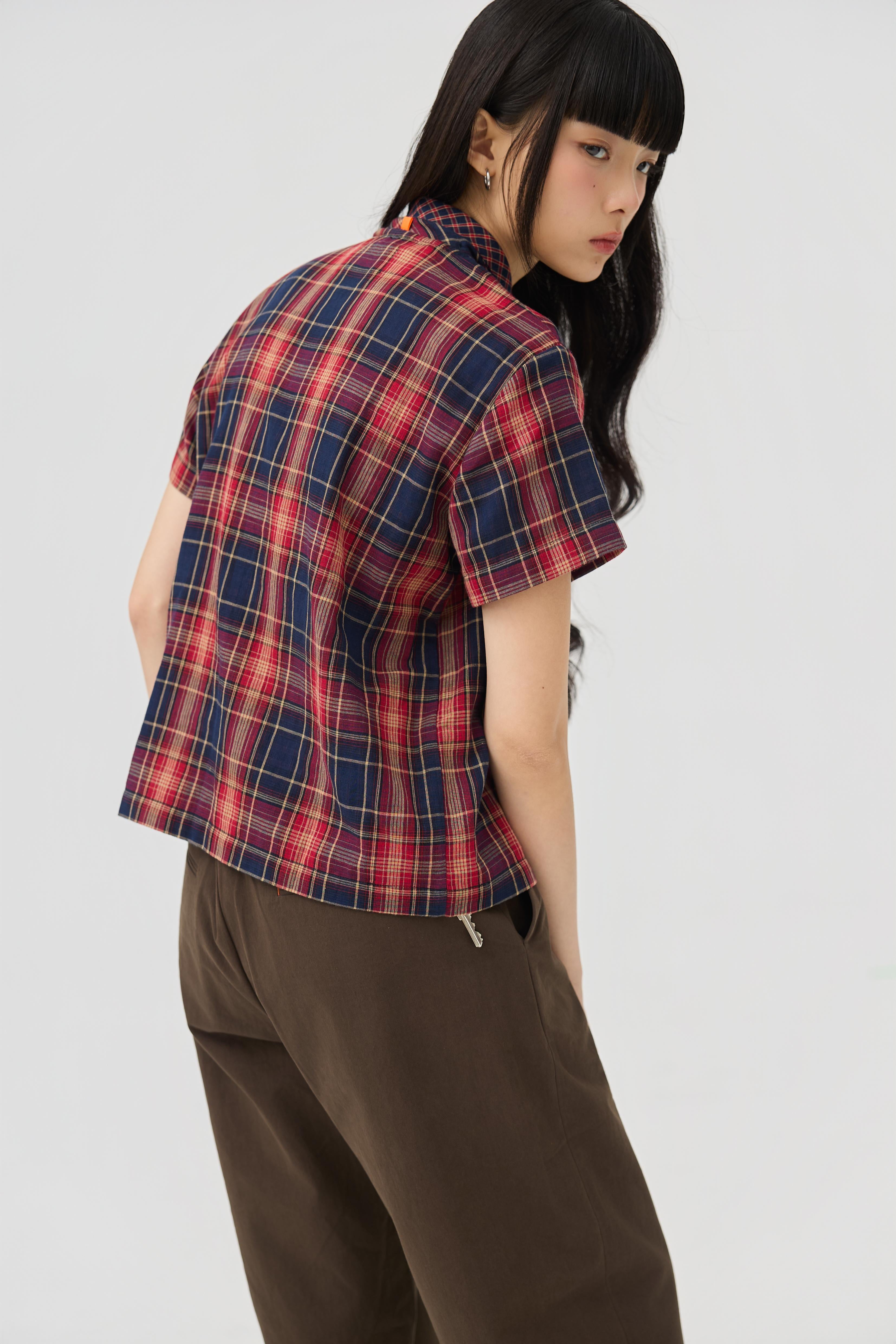 3EIGHTH | Nimai 2-Way Scarf Top In Red Tartan Gauze