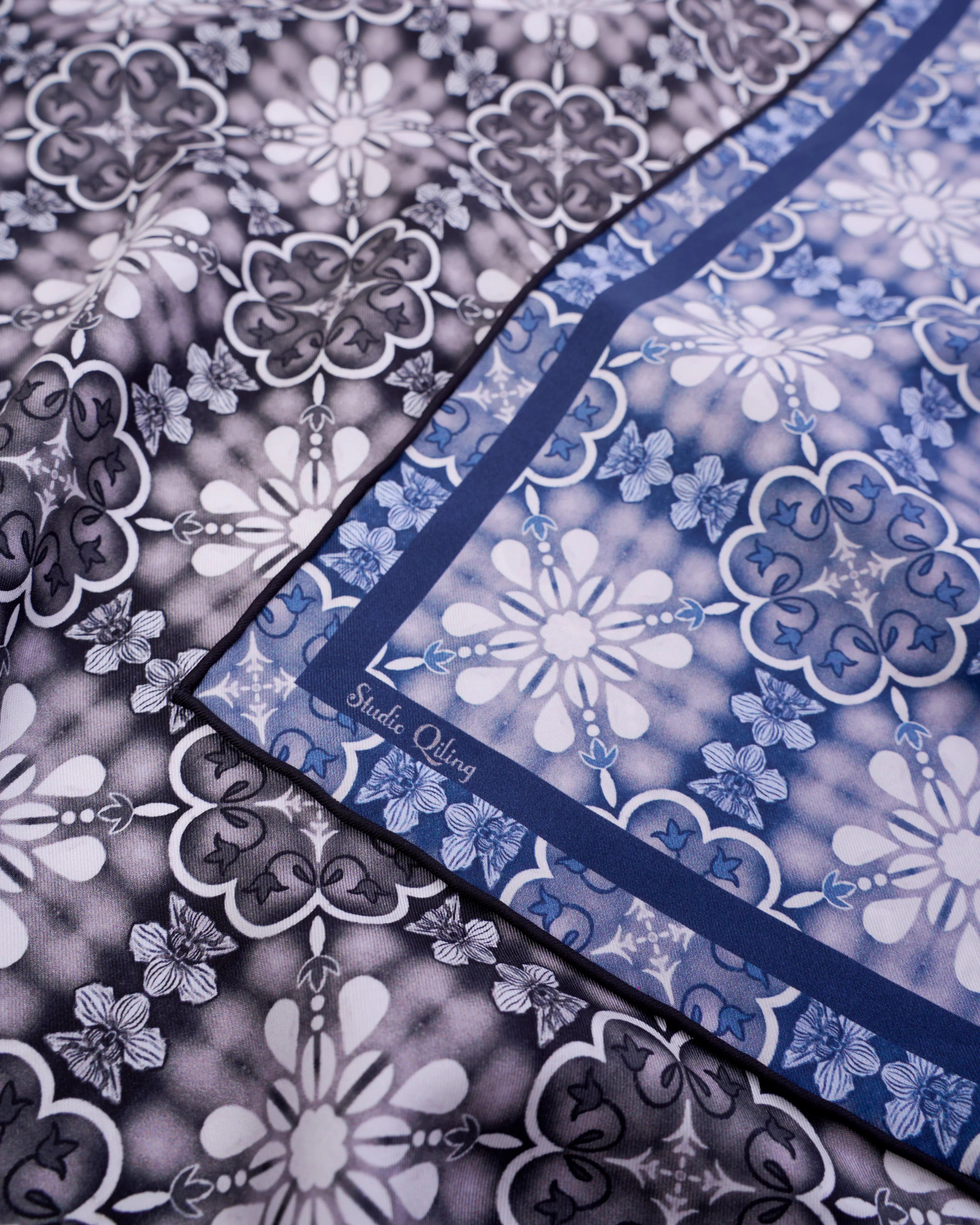 STUDIO QILING | Peranakan Orchid Navy Ink Double Side Silk Scarf 65