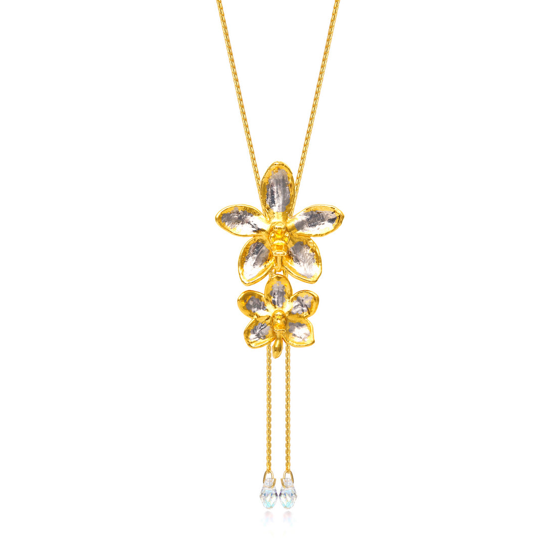 RISIS | Dual Orchid Bloom Long Slider Necklace in Gold & Palladium with Crystal Tailends
