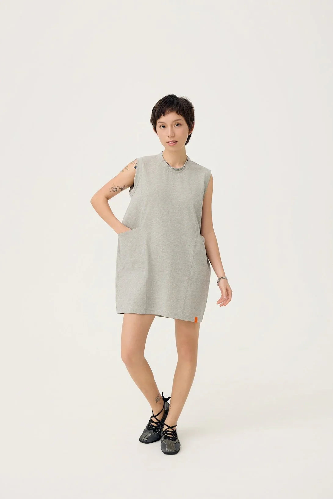 3EIGHTH | Cocoon Jersey Reversible Dress in Zinc Grey & Lemon Fizz