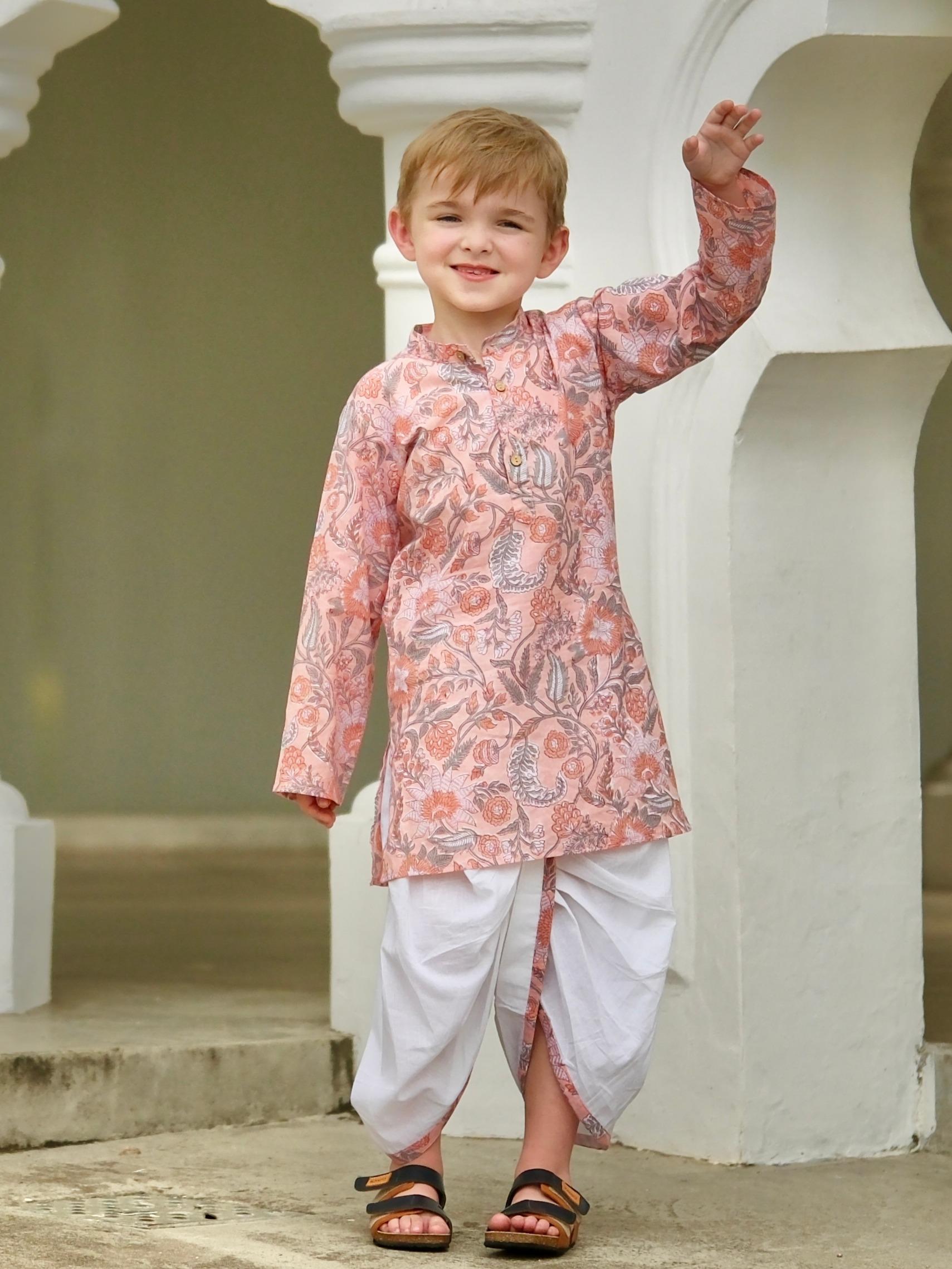 NIMBU | Devi Coral Boys Handblock Kurta Dhoti