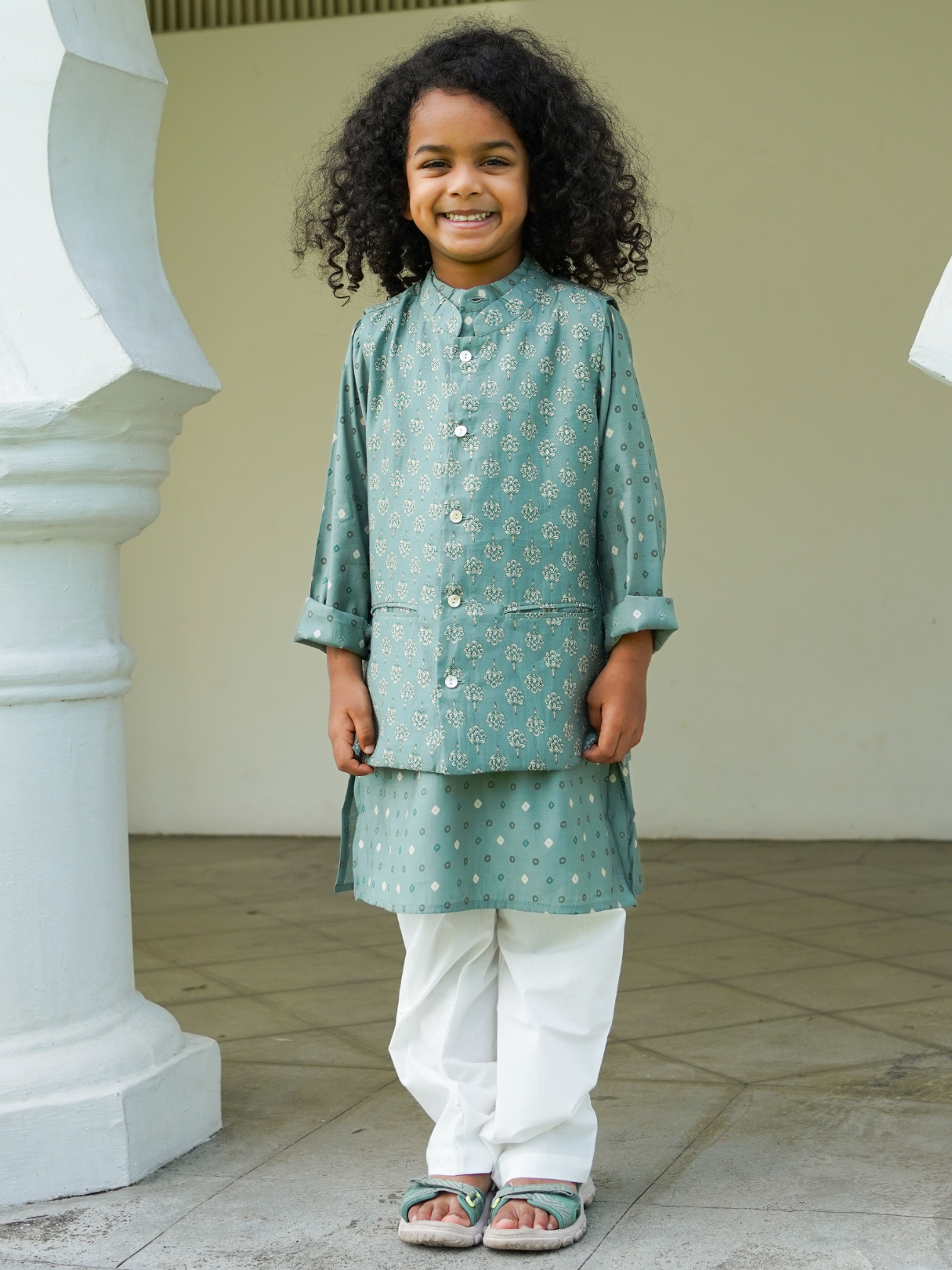 NIMBU | Vir Sage Green Boys Kurta Pajama Jacket in Muslin Cotton
