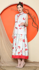 KANZI COLLECTION | Grey Cheongsam Floral Vest With Floral Skirt