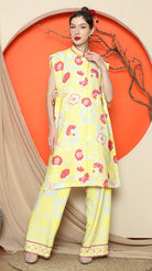 KANZI COLLECTION | Yellow Vest Kimono Jacquard Floral Pant Set