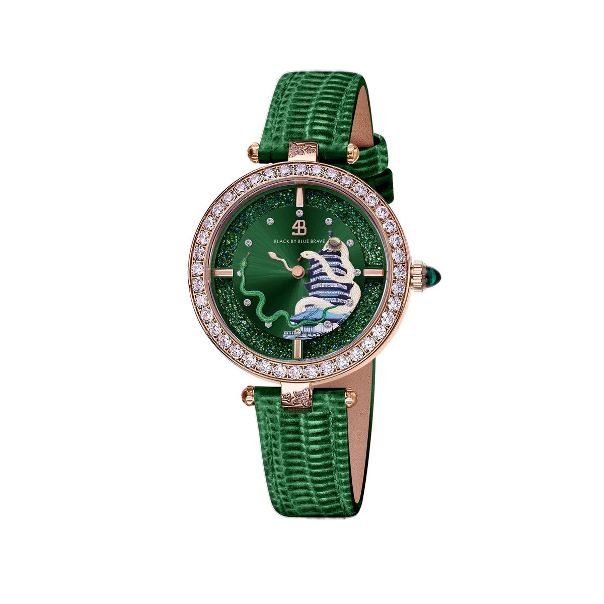 BLACK BY BLUE BRAVE | Snake Watch 34mm (Green Dial with Moving Snake Hands and Leather Strap)