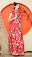KANZI COLLECTION | Red Cheongsam Floral Vest With Floral Skirt
