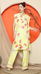 KANZI COLLECTION | Yellow Vest Kimono Jacquard Floral Pant Set