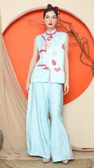 KANZI COLLECTION | Blue Cheongsam Floral Vest With Pant Set
