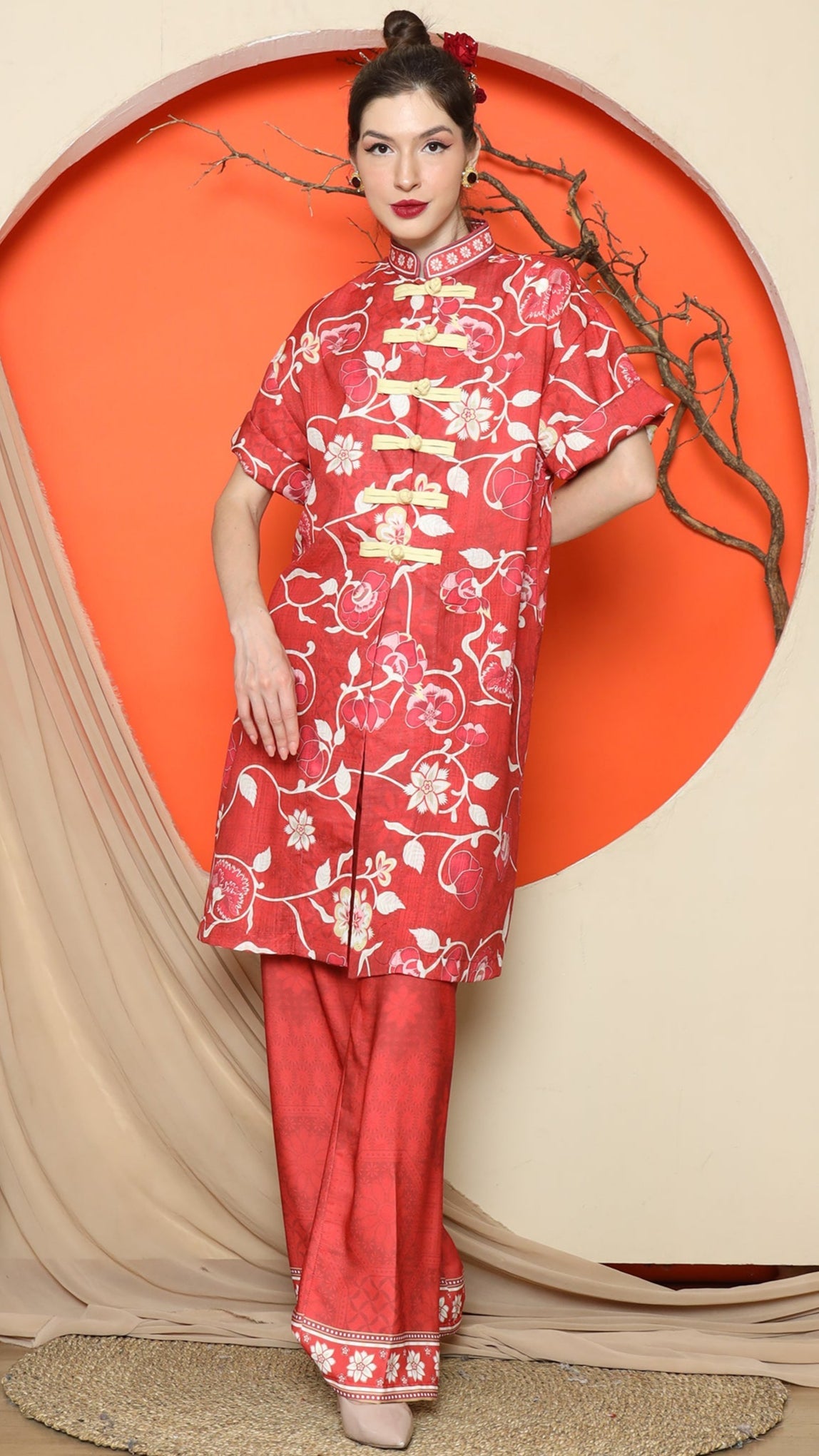 KANZI COLLECTION | Red Floral Cheongsam Pant Set
