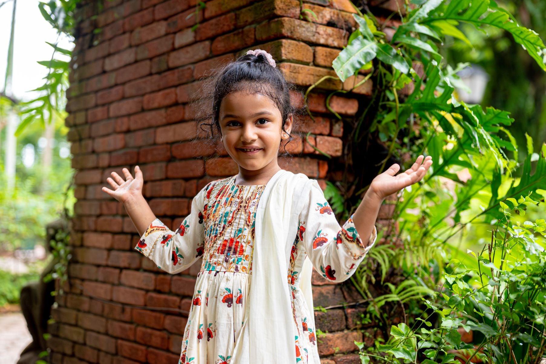 NIMBU | Rosa Girls Anarkali With Dupatta Set In Off White