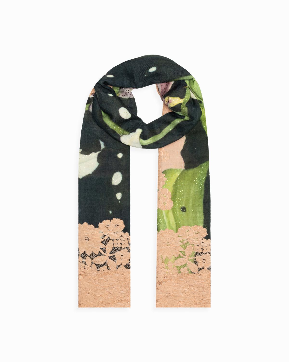 QUEENMARK | AN Assorted Lace Print Crystal Shawl Dark Green Peach