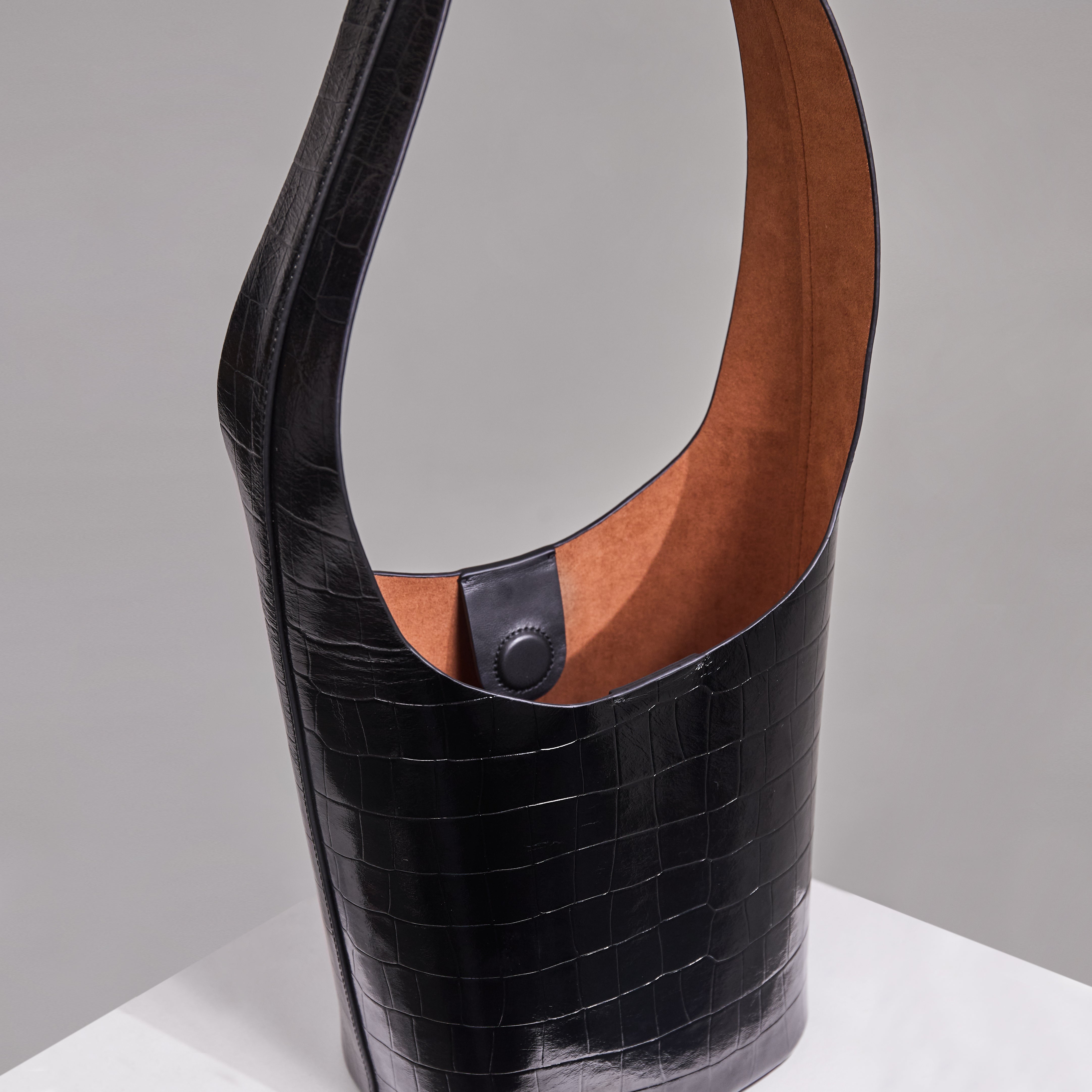 WU HAUS | Vessel Black Crocodile Cow Embossed Bucket Bag