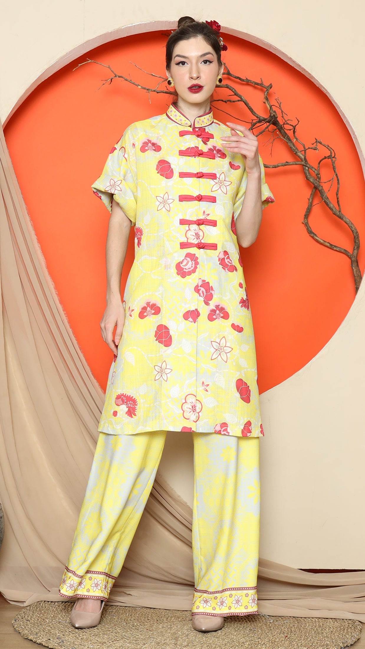 KANZI COLLECTION | Yellow Floral Cheongsam Pant Set
