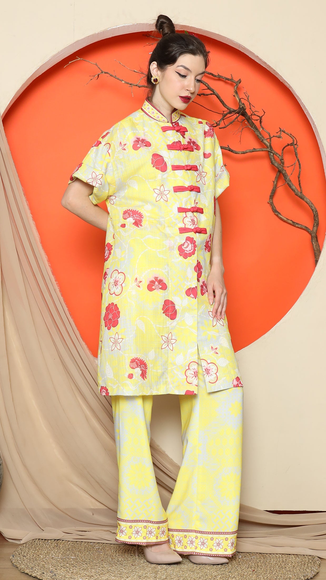 KANZI COLLECTION | Yellow Floral Cheongsam Pant Set