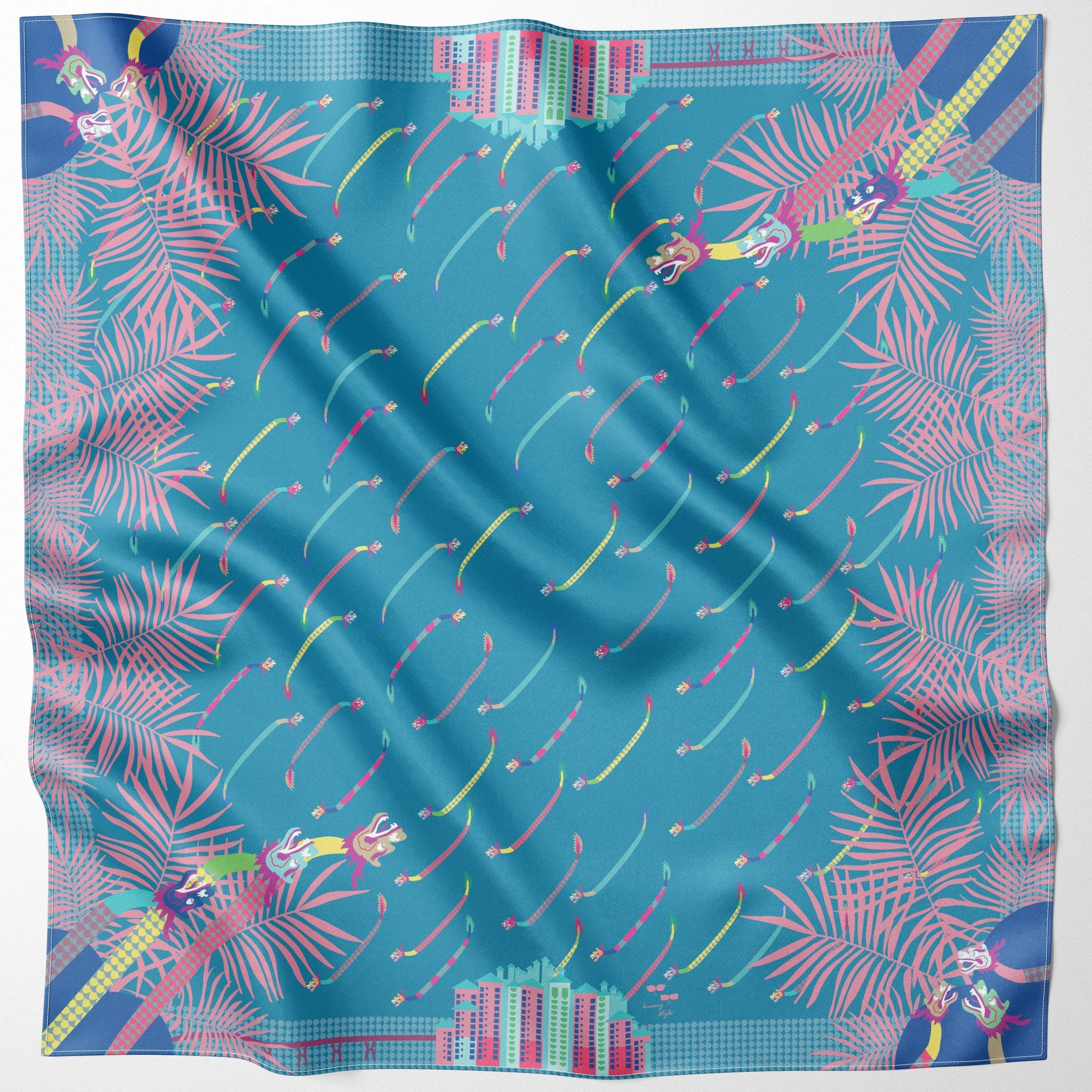 BINARY STYLE | Dragons On Singapore Water Silk Square Scarf 87X87 cm