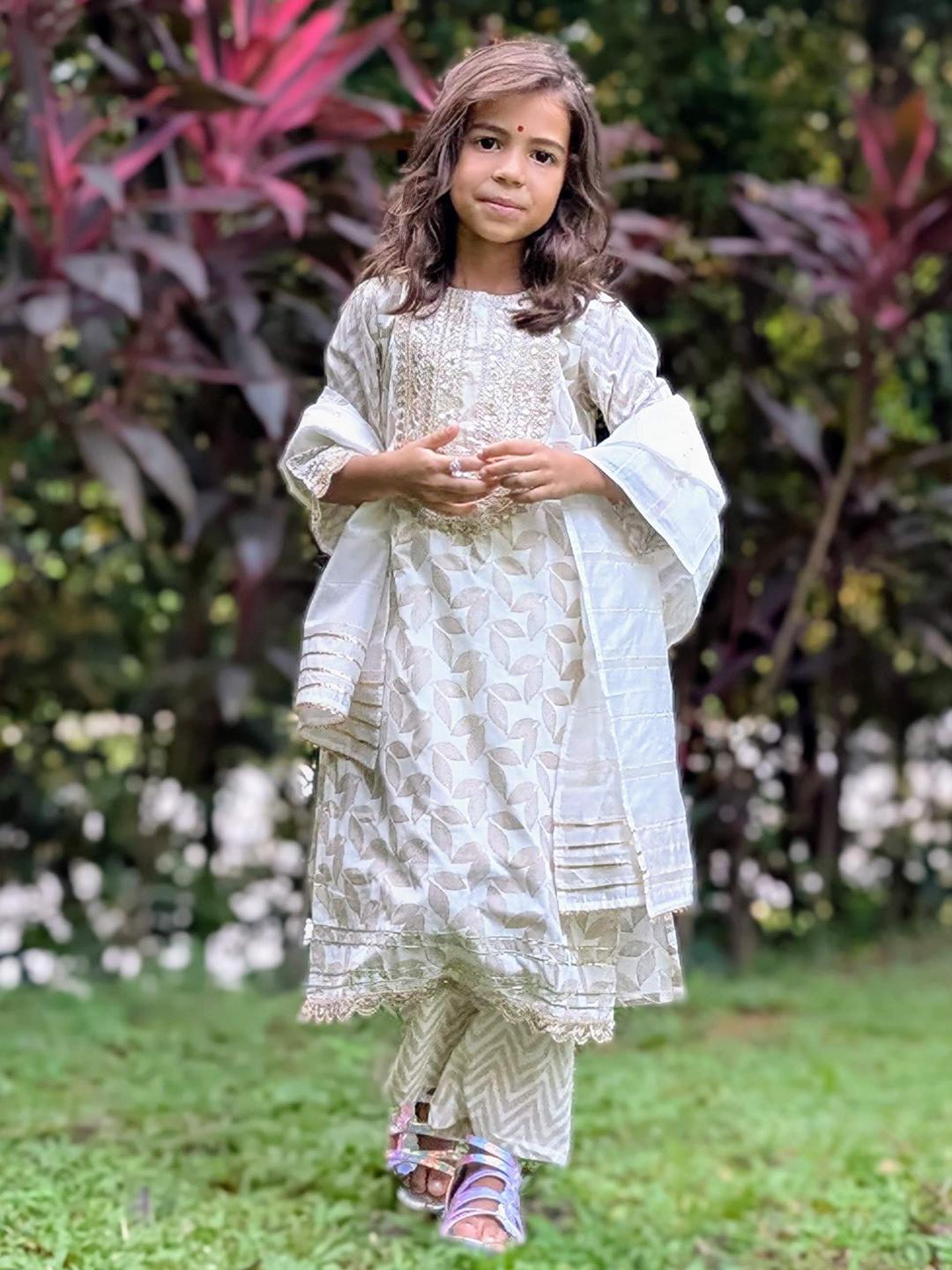 NIMBU | Zoya Girls White & Gold Kurta Salwar in Cotton