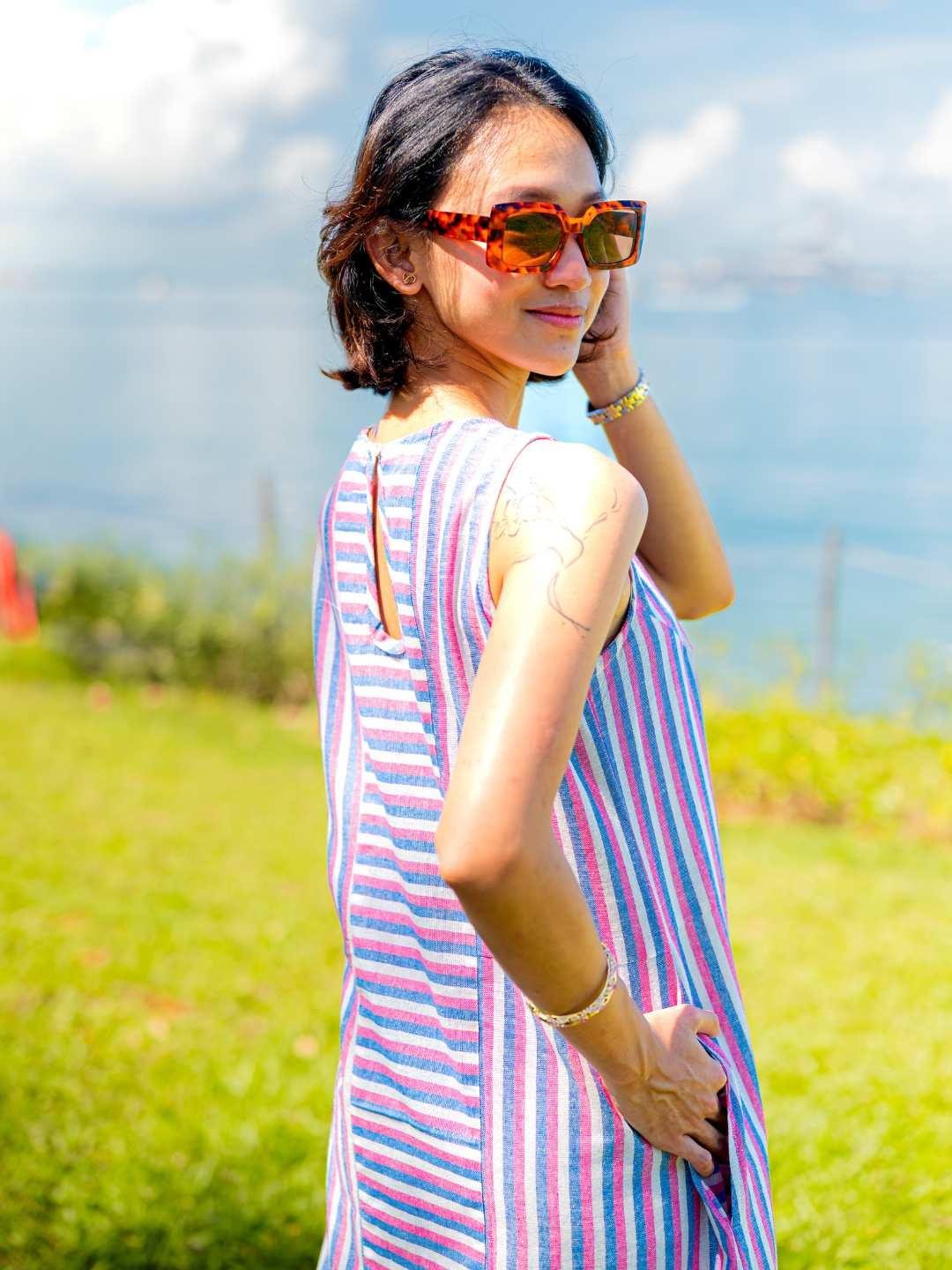 NIMBU | Luna Women's Slit Dress In Pink And Blue Stripes