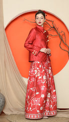 KANZI COLLECTION | Red Floral Jacquard Jacket With Skirt Set