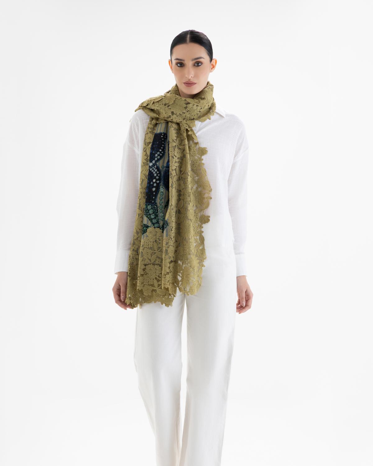 QUEENMARK | AN Assorted Lace Print Crystal Shawl Olive Olive Blue Flower