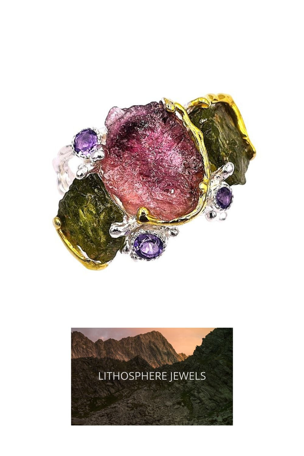CREATIVE JEWELLERY STUDIO | Prasiolites & Multicoloured Tourmaline "Lake Garden", Rhodium Plated 925 Silver Ring | Lithosphere Jewels