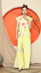 KANZI COLLECTION | Yellow Cheongsam Floral Vest With Wide Leg Pant Set