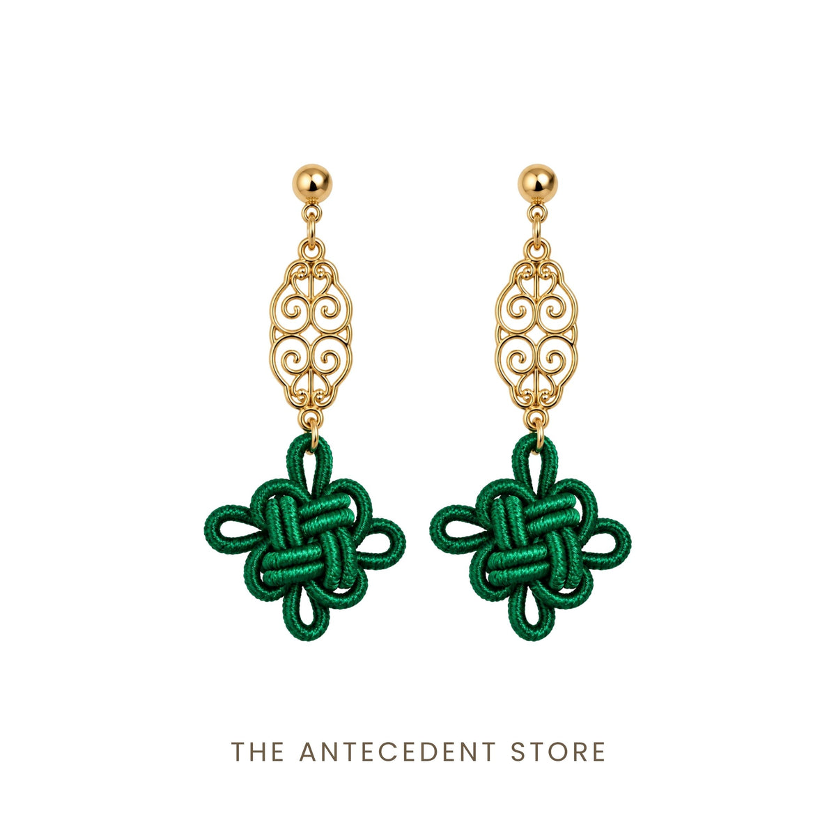 THE ANTECEDENT STORE | Auspicious Knot Motif Earrings in Green