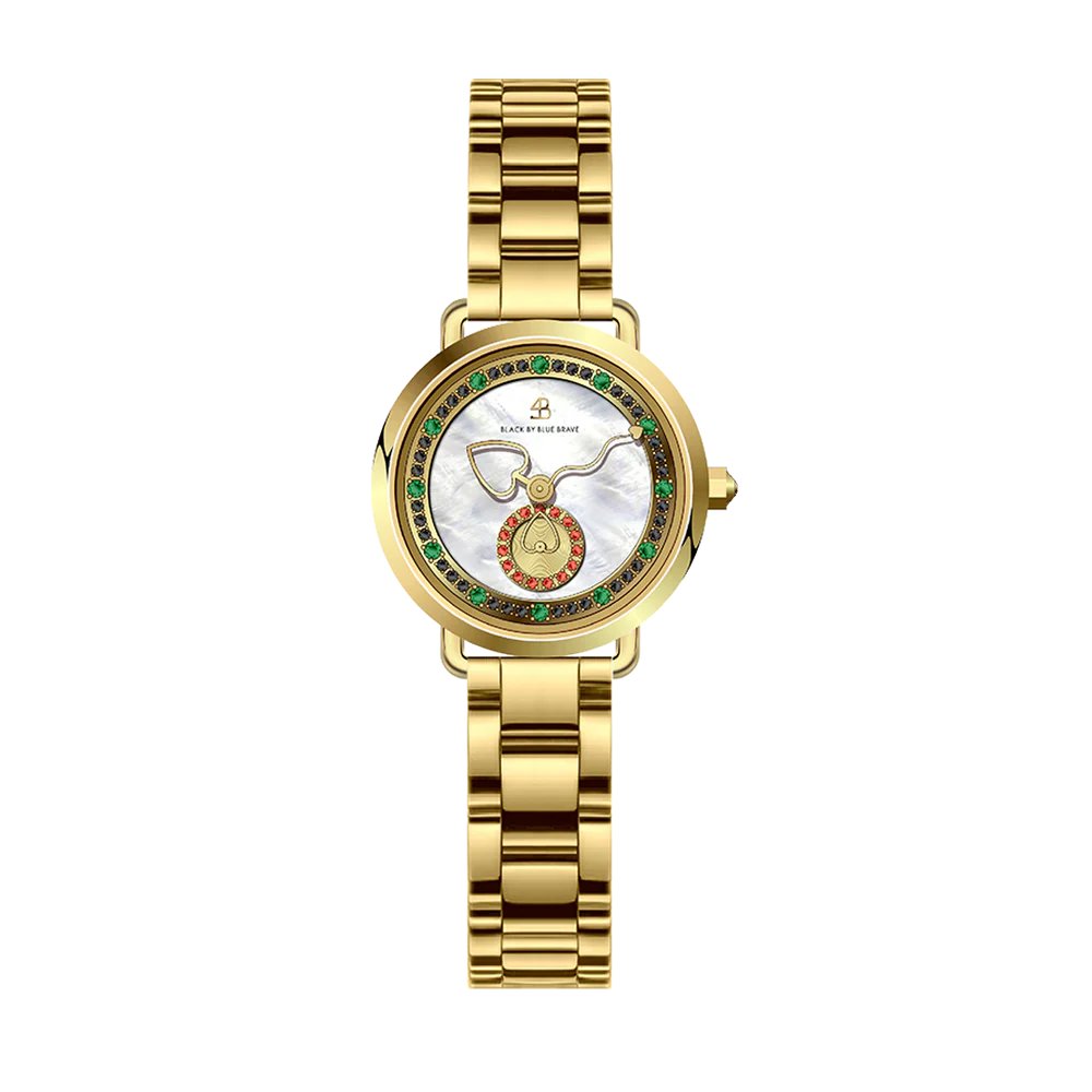 BLACK BY BLUE BRAVE | Cupid 28mm White Mother Of Pearl Dial Heart Shaped Hands Gold Bracelet Watch