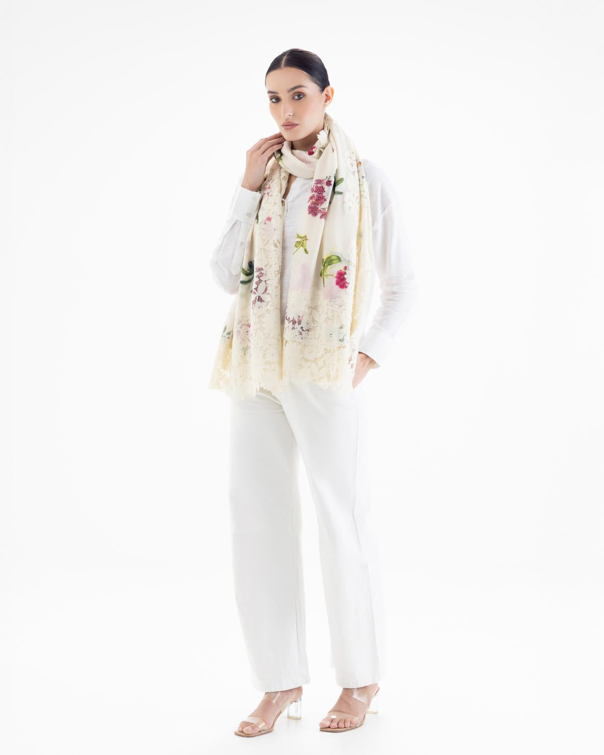 QUEENMARK | AN Assorted Lace Print Crystal Shawl Ivory Flower