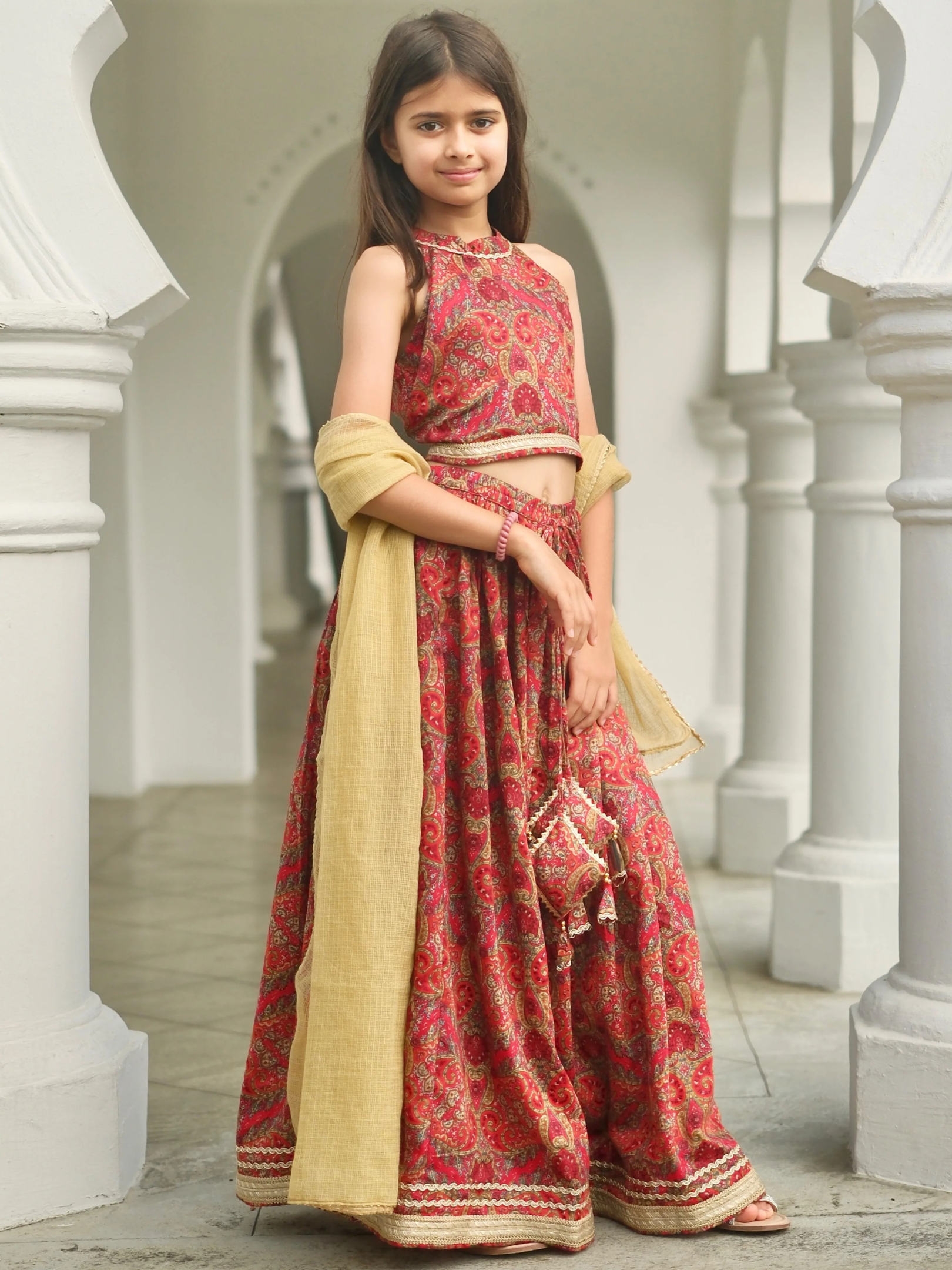 NIMBU | Amara Red Floral Girls Halter Lehenga With Chanderi Dupatta Set In Ice Cool Satin Cotton