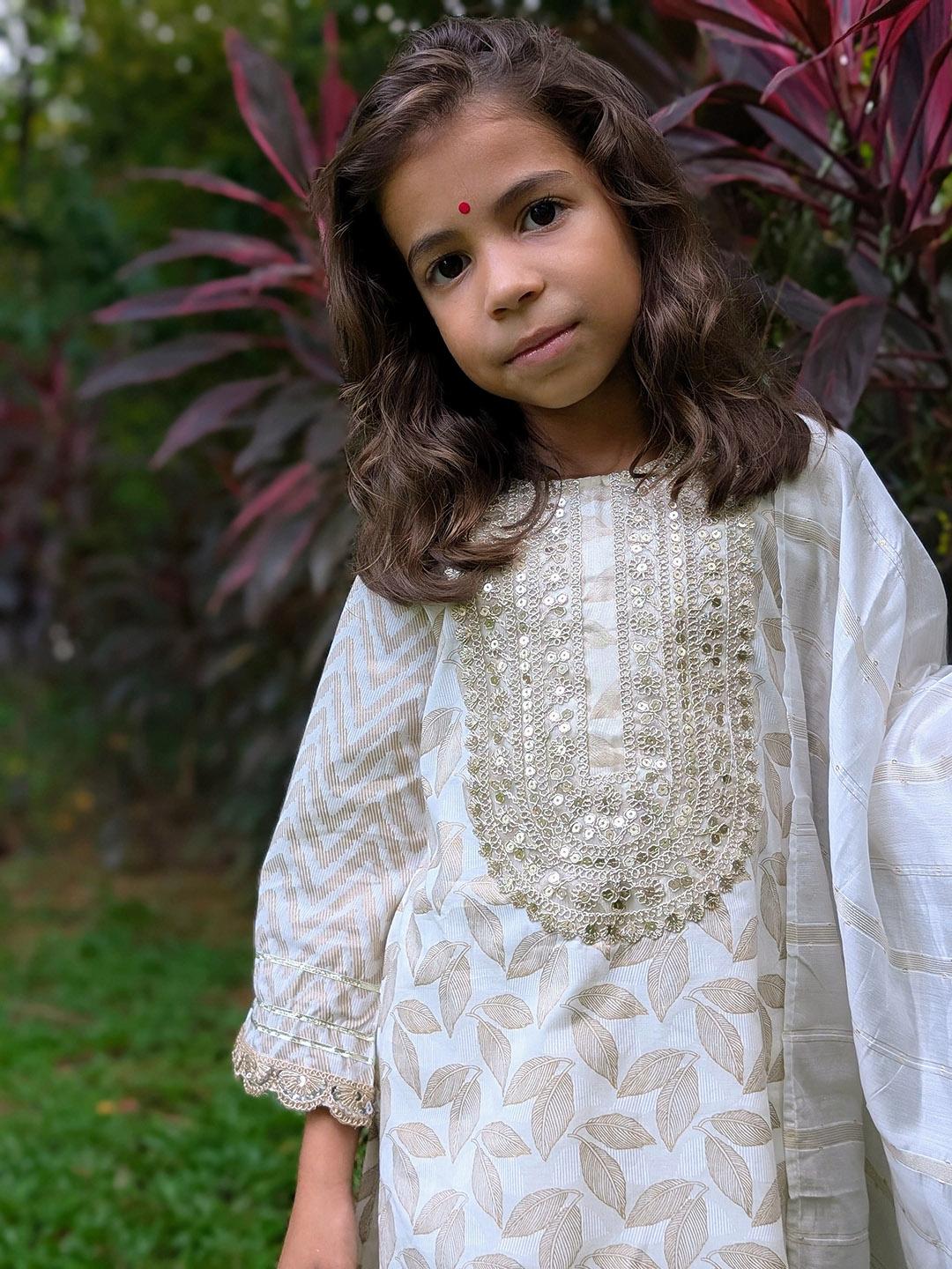 NIMBU | Zoya Girls White & Gold Kurta Salwar in Cotton