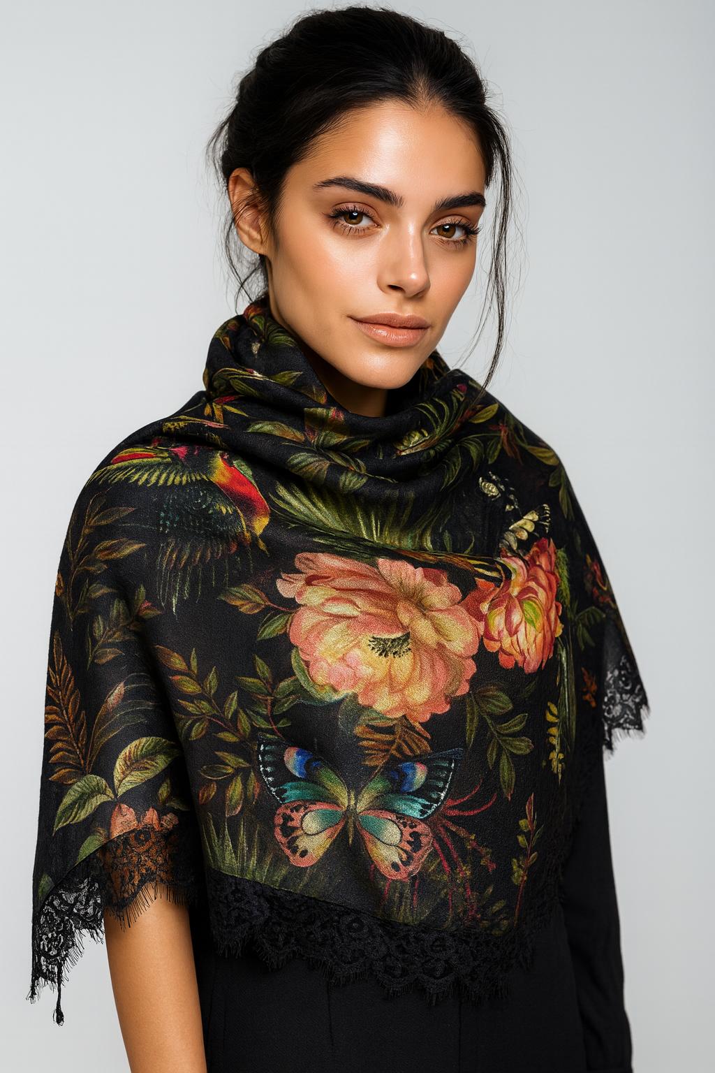 QUEENMARK | AN Printed Shawl 2024 Assorted Black Butterfly Flower