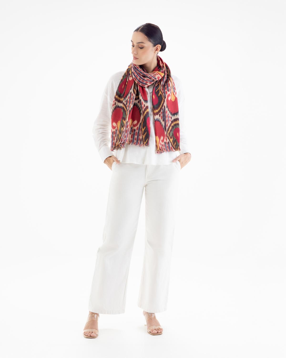 QUEENMARK | AN Patola Ikat Print Red Blue Stripes