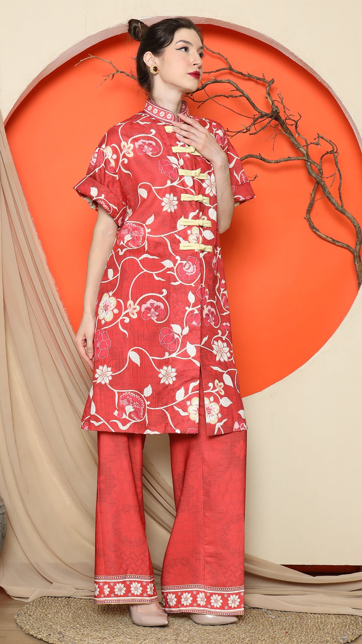 KANZI COLLECTION | Red Floral Cheongsam Pant Set