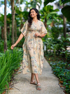 NIMBU | Arya Women's Long Kaftan Dress in Metallic Blue with Gold Accents