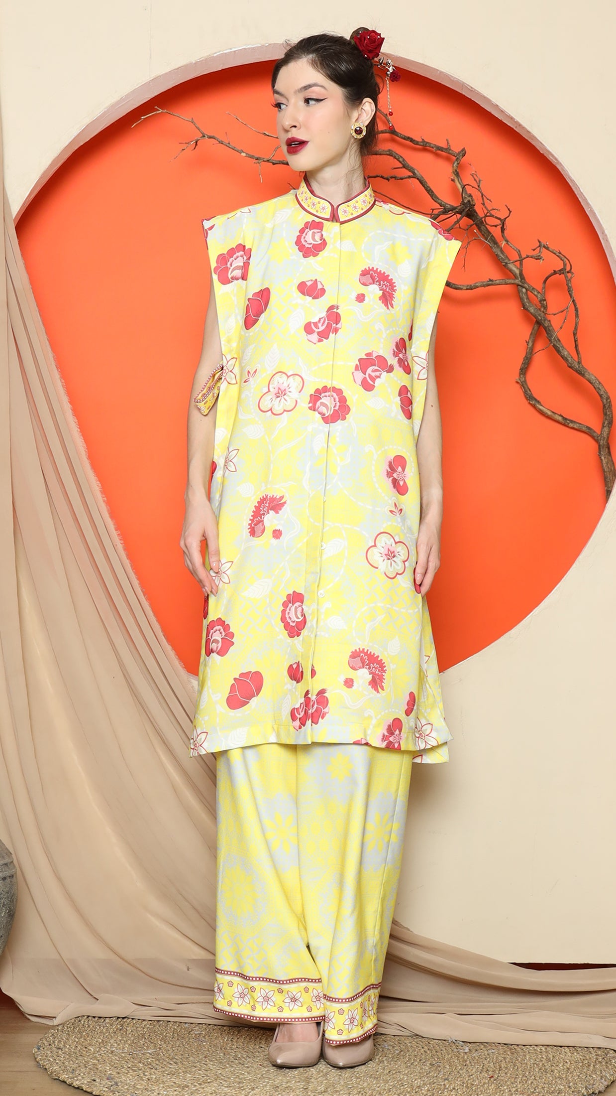 KANZI COLLECTION | Yellow Vest Kimono Jacquard Floral Pant Set