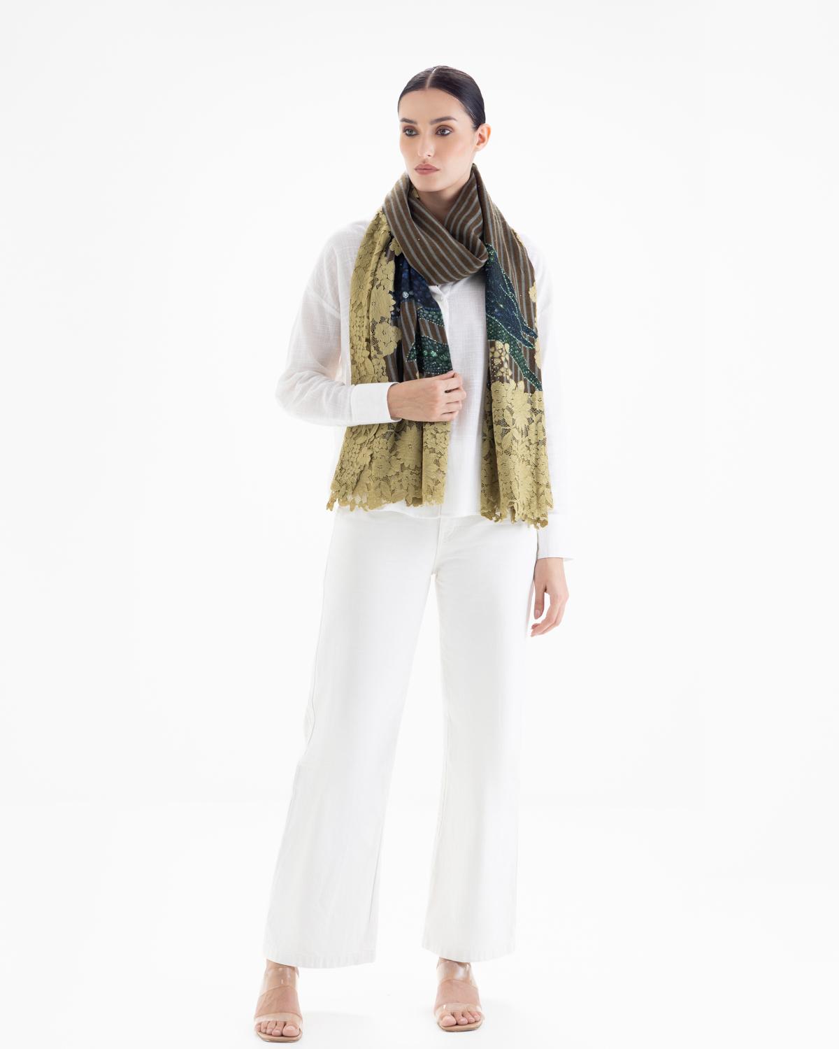 QUEENMARK | AN Assorted Lace Print Crystal Shawl Olive Blue Bird
