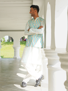 NIMBU | Gul Blue Men's Kurta Pajama Jacket Set In Cotton
