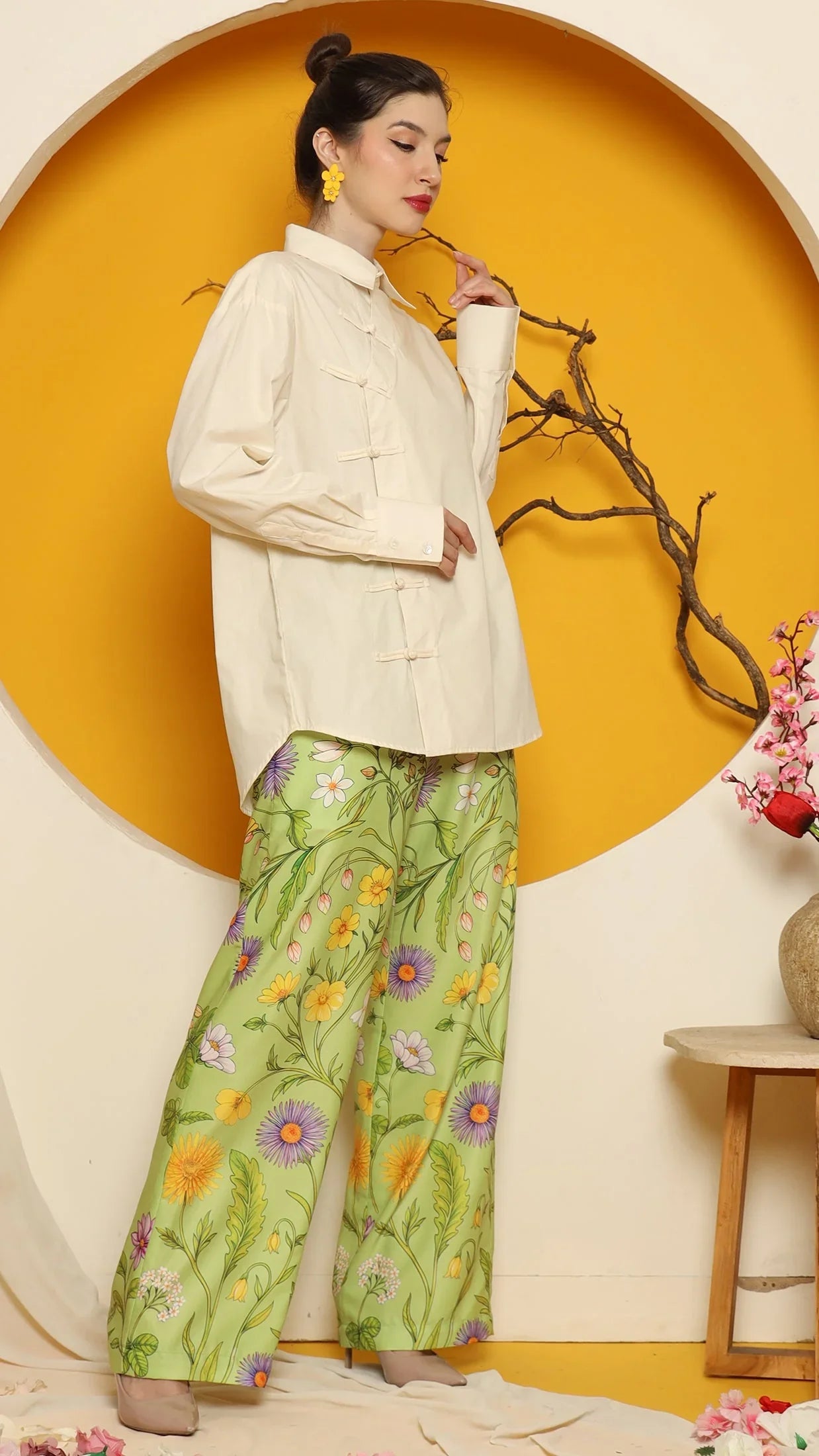 KANZI COLLECTION | Cheongsam Shirt With Green Flower Pants Set