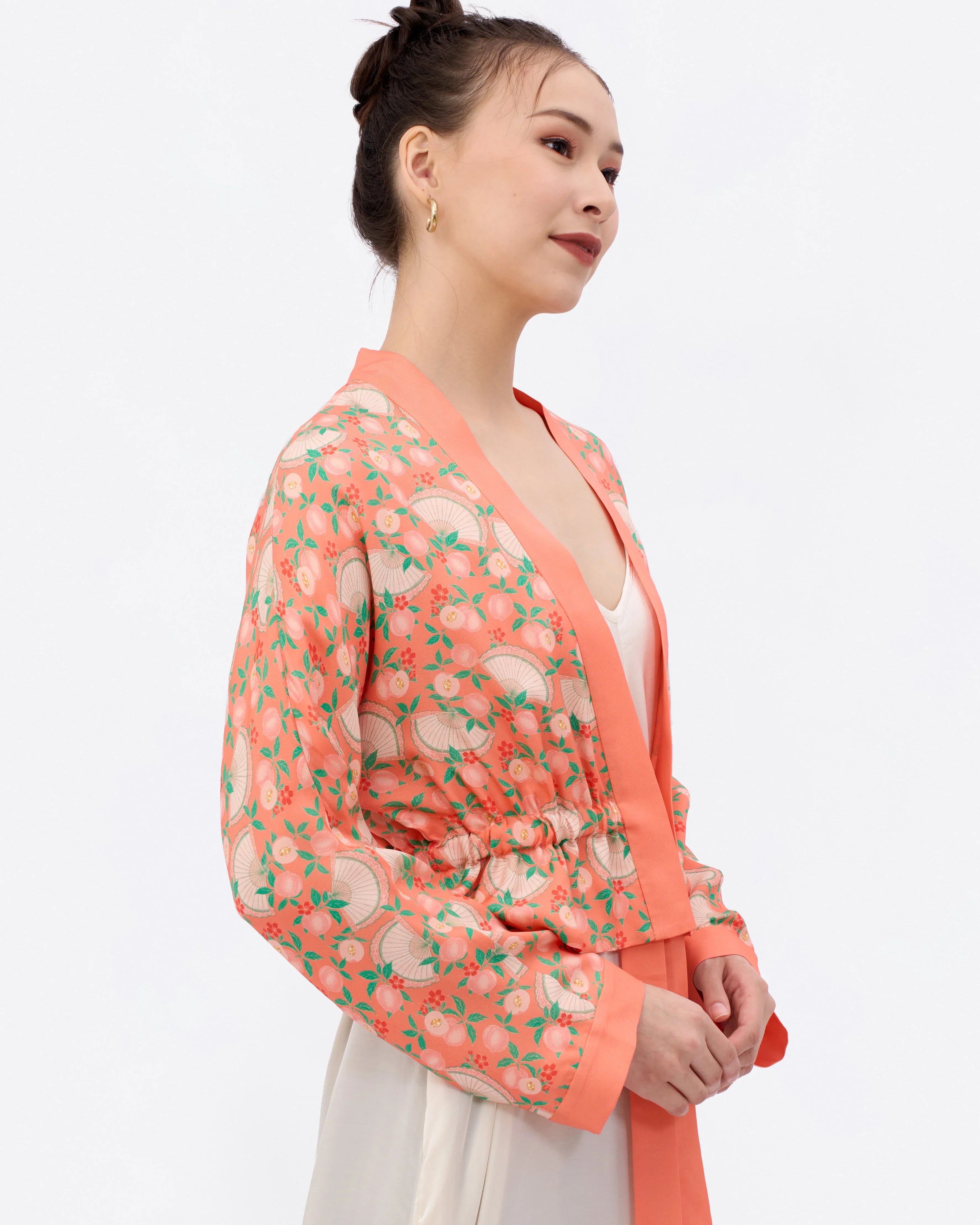 STUDIO QILING | Golden Peaches Coral Reversible Cropped Kimono