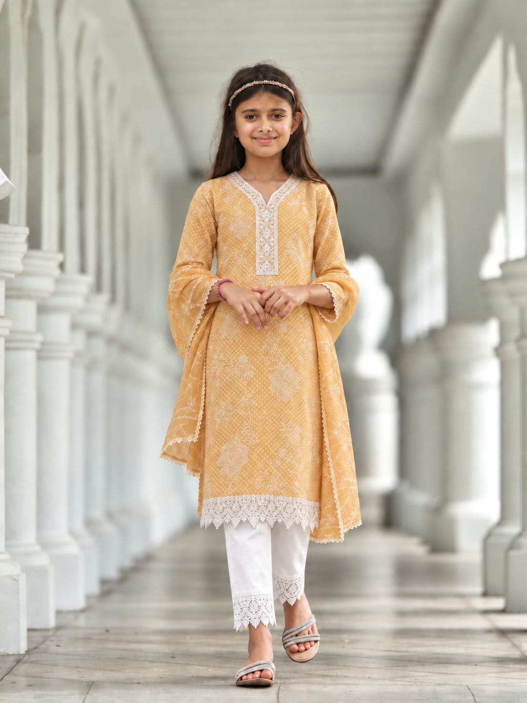 NIMBU | Anaya Yellow Embroidered Girls Lace Kurti Pants With Dupatta