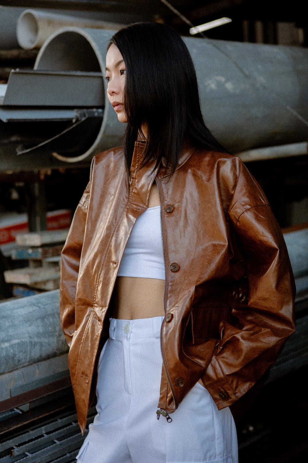 SAERO COLLECTIVE | Ryu Oversized Lacquer Jacket | Pecan Brown