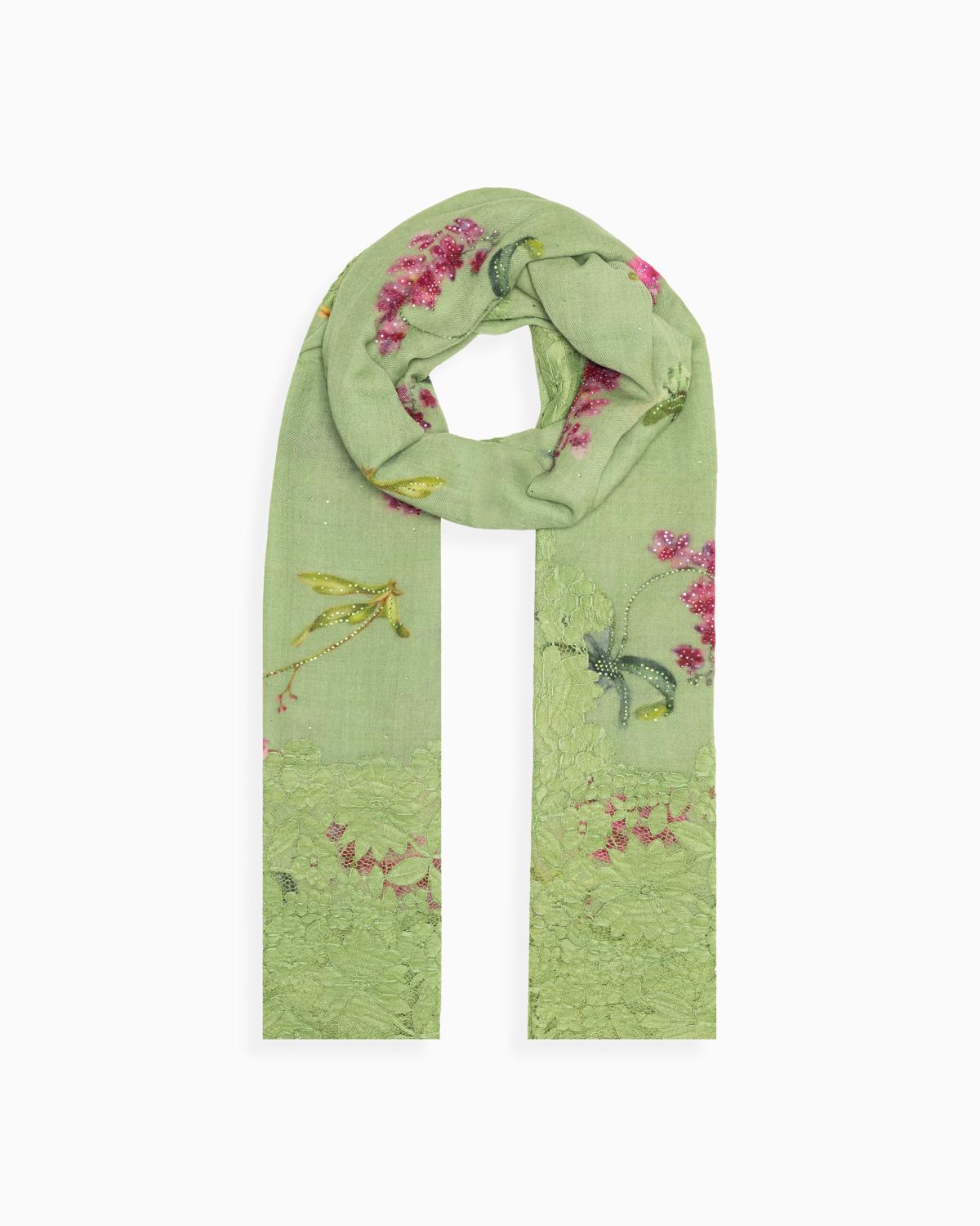 QUEENMARK | AN Assorted Lace Print Crystal Shawl Leaf Green