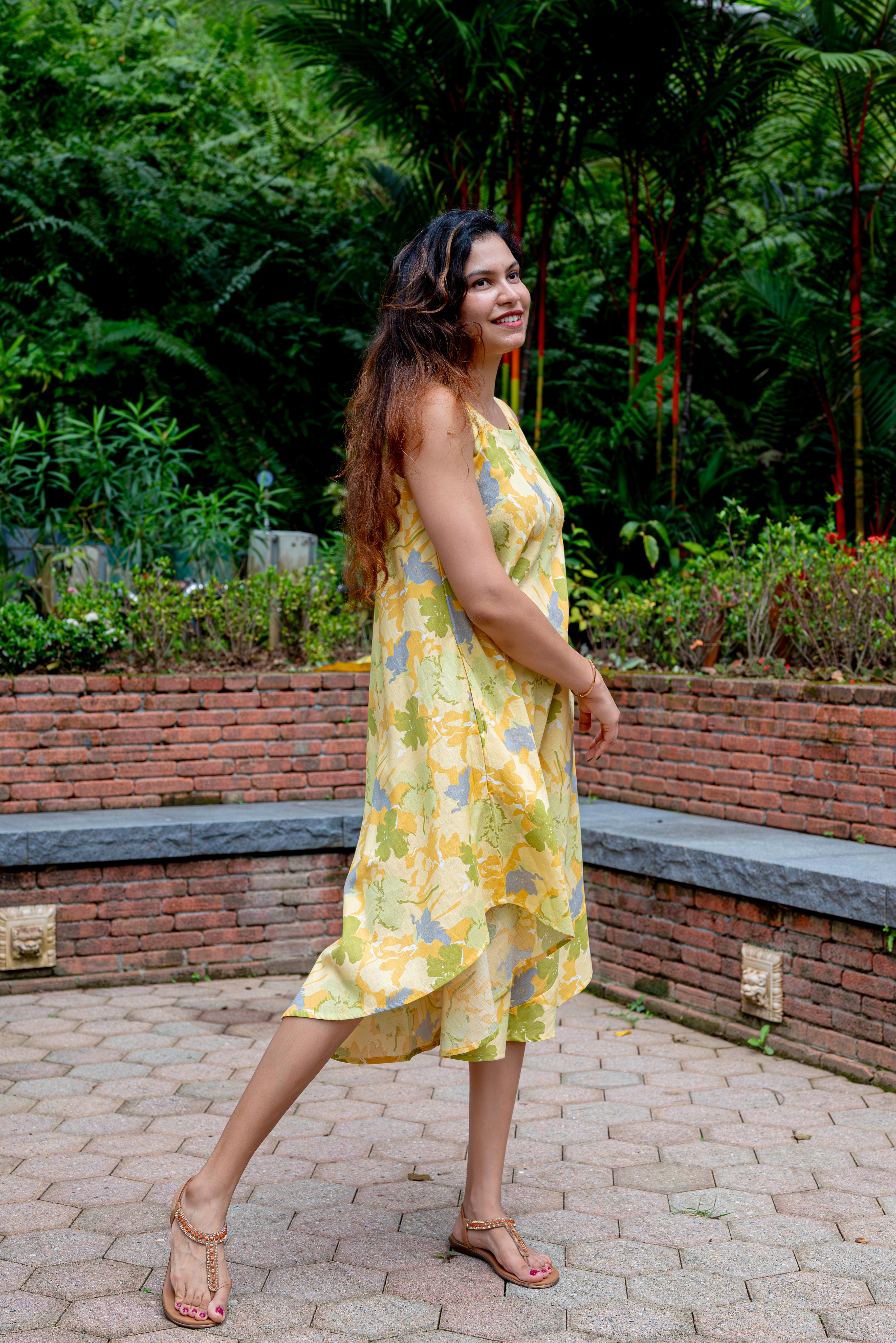 NIMBU | Hanna Yellow Women's U Cut Dress in Flex Cotton Free Size