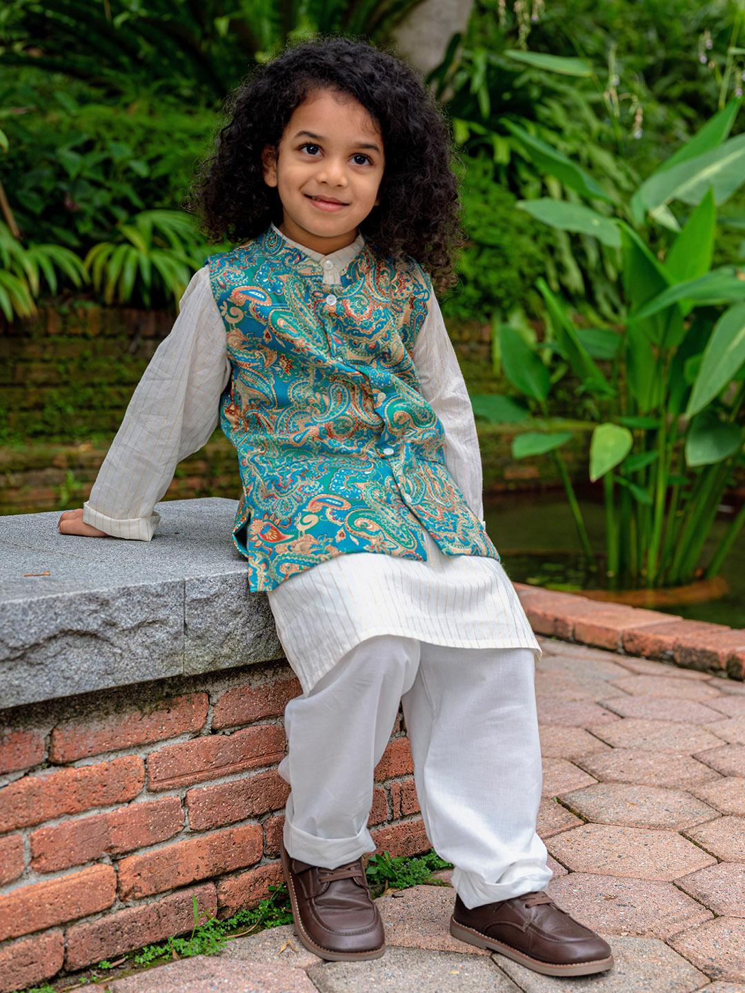 NIMBU | Shan Boys Muslin Cotton Kurta Pajama Jacket Set In Green Paisley