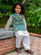 NIMBU | Shan Boys Muslin Cotton Kurta Pajama Jacket Set In Green Paisley
