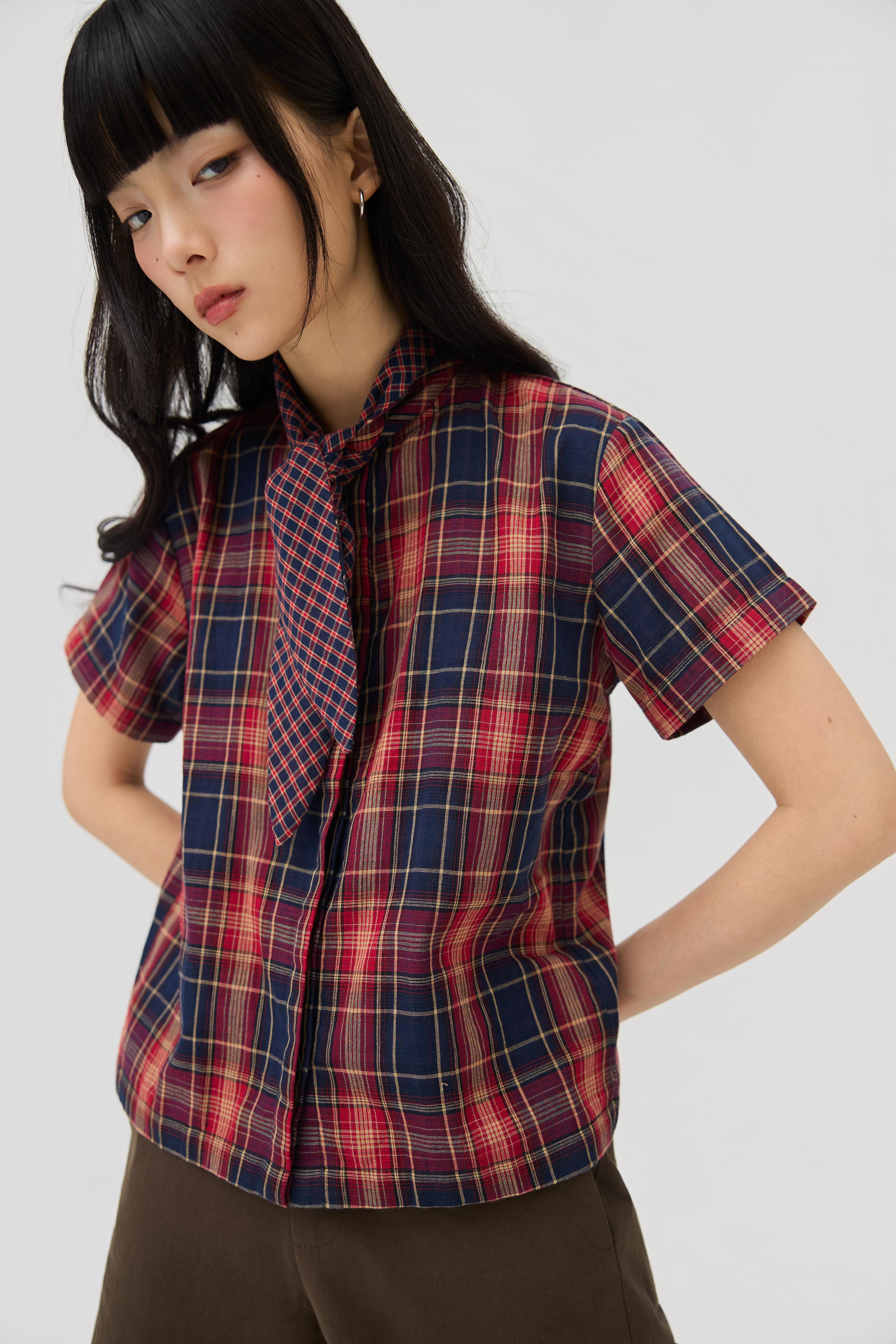 3EIGHTH | Nimai 2-Way Scarf Top In Red Tartan Gauze