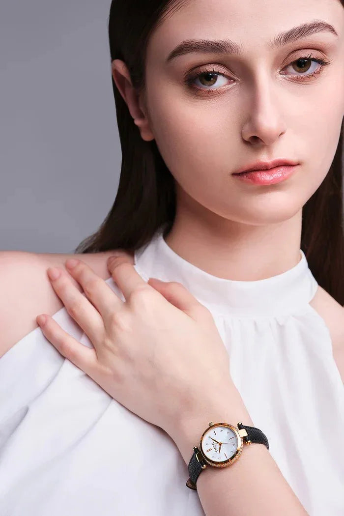 BLACK BY BLUE BRAVE | THCN T· I Mother-of-Pearl Dial Black Leather Strap Watch | Gold