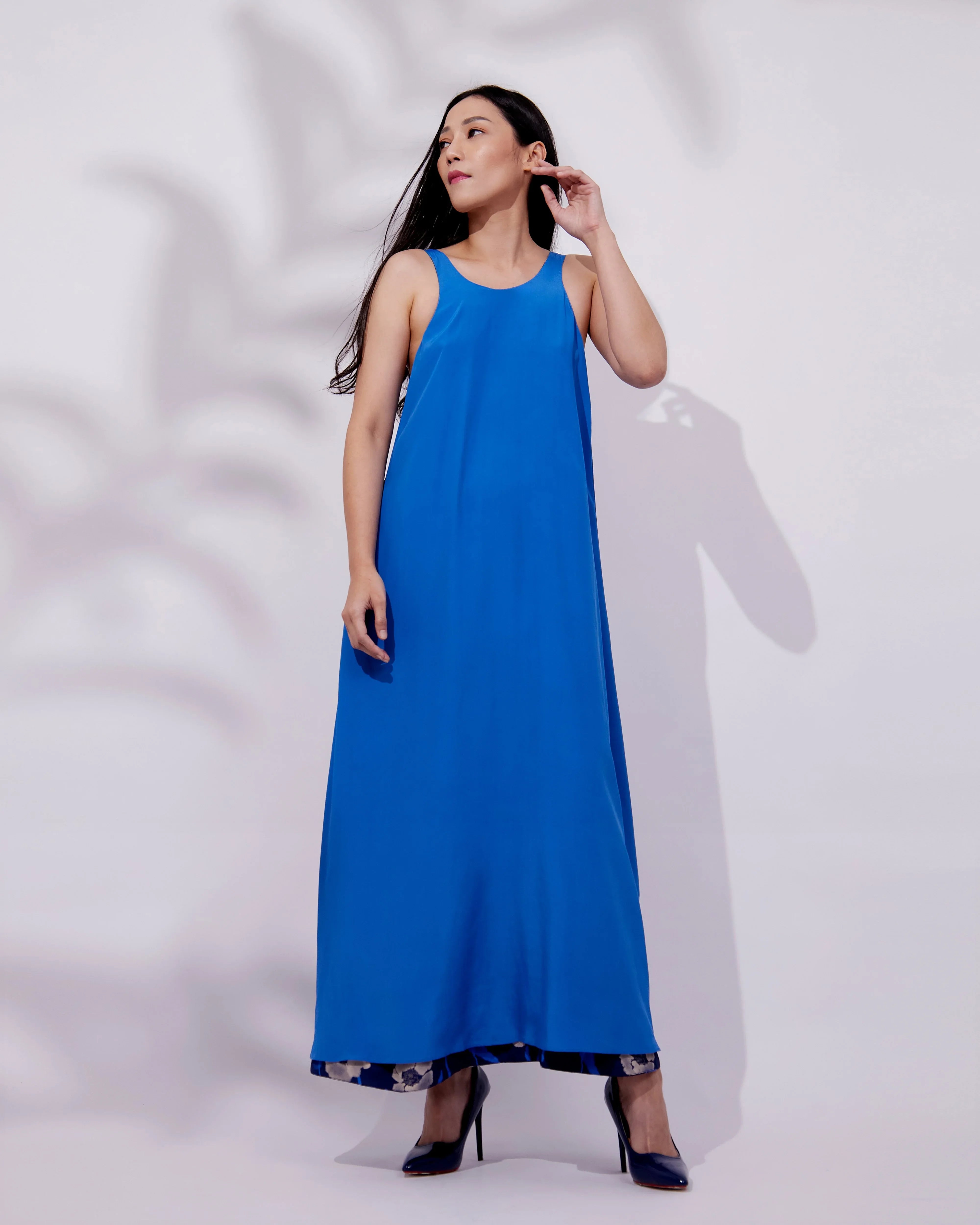 STUDIO QILING | Dancing Poppies Moonlight Reversible Silk Blend Maxi Dress
