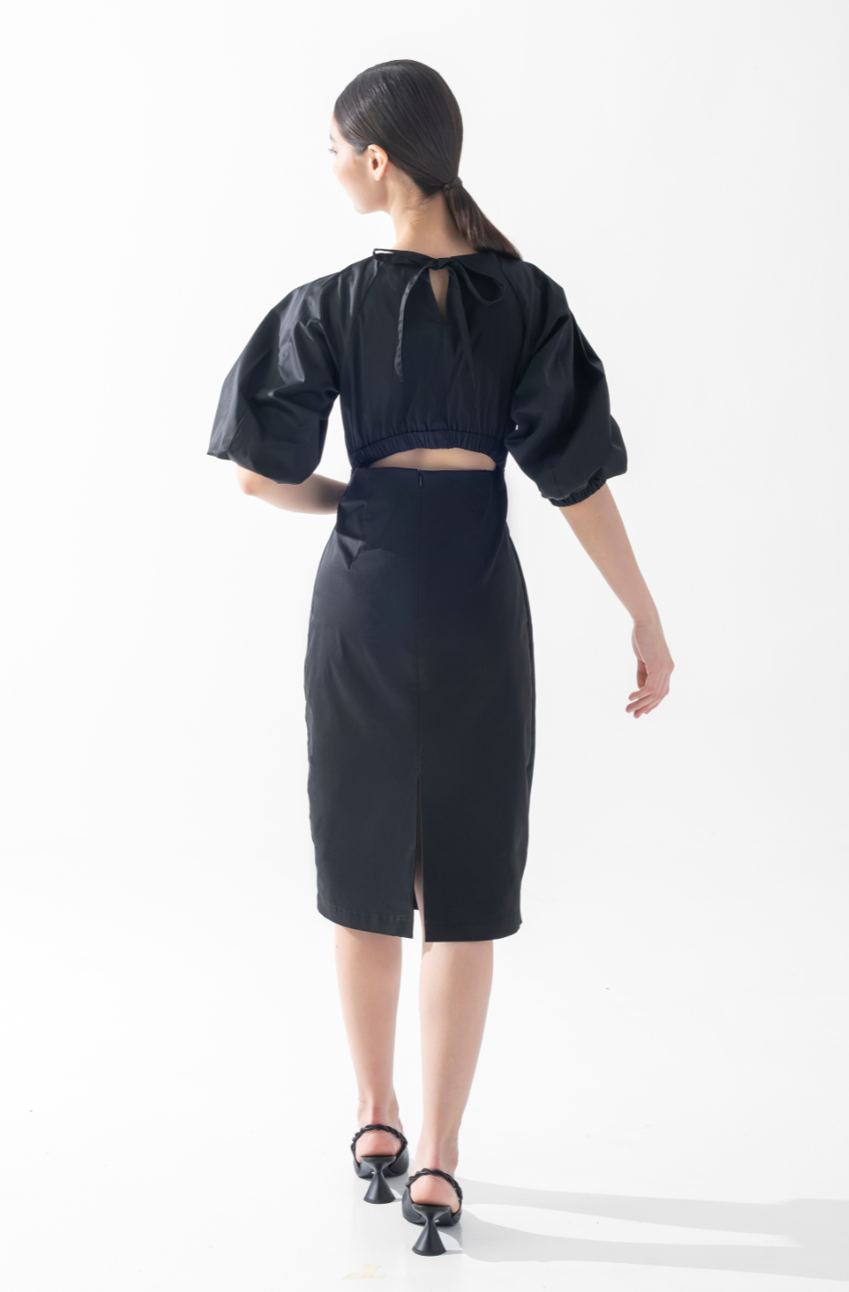 CAELI ECO LUXE | Puff Sleeve Open Back Dress Black