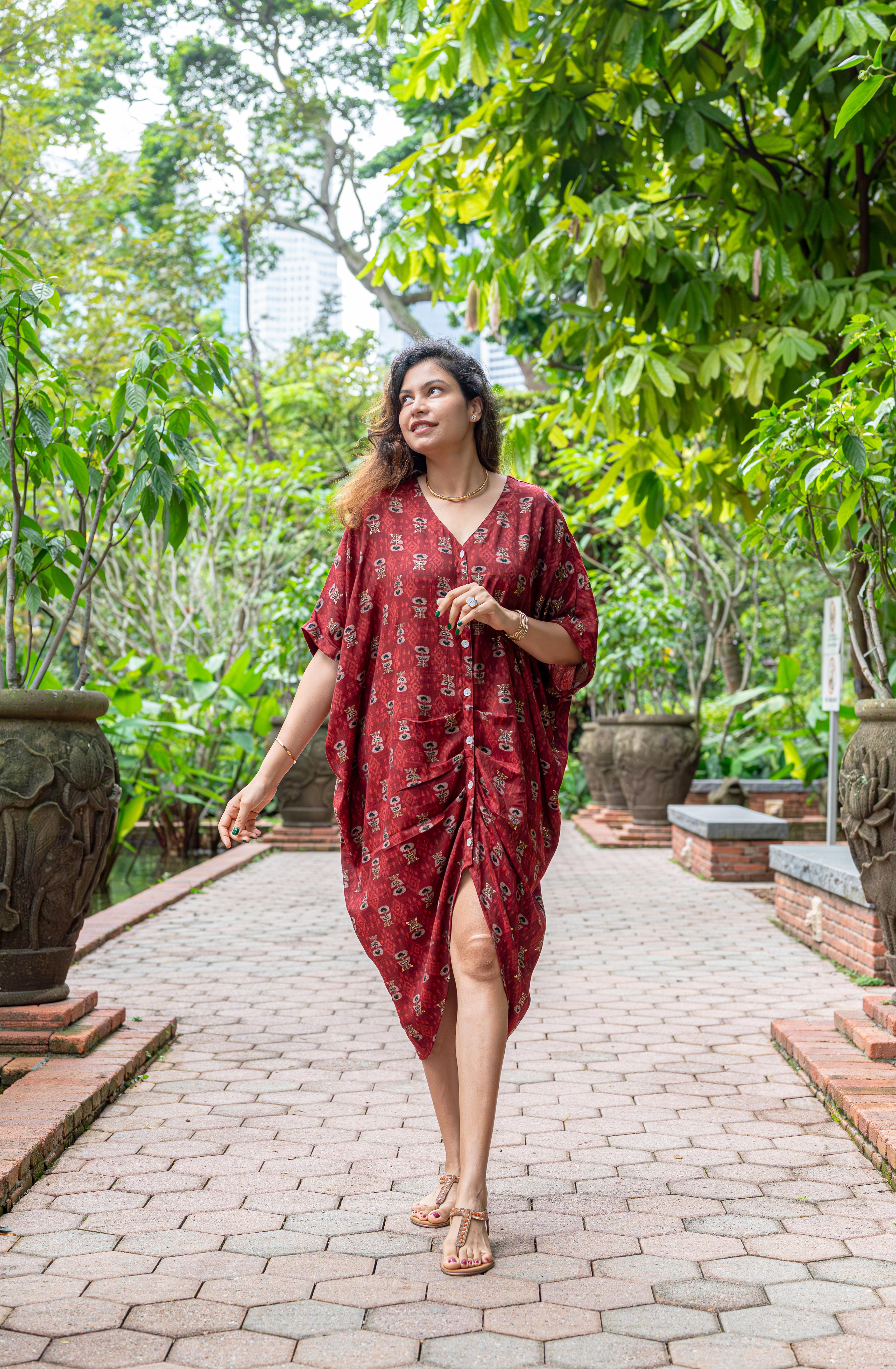 NIMBU | Mira Women's Maroon Flowy Shirt Dress in Cotton